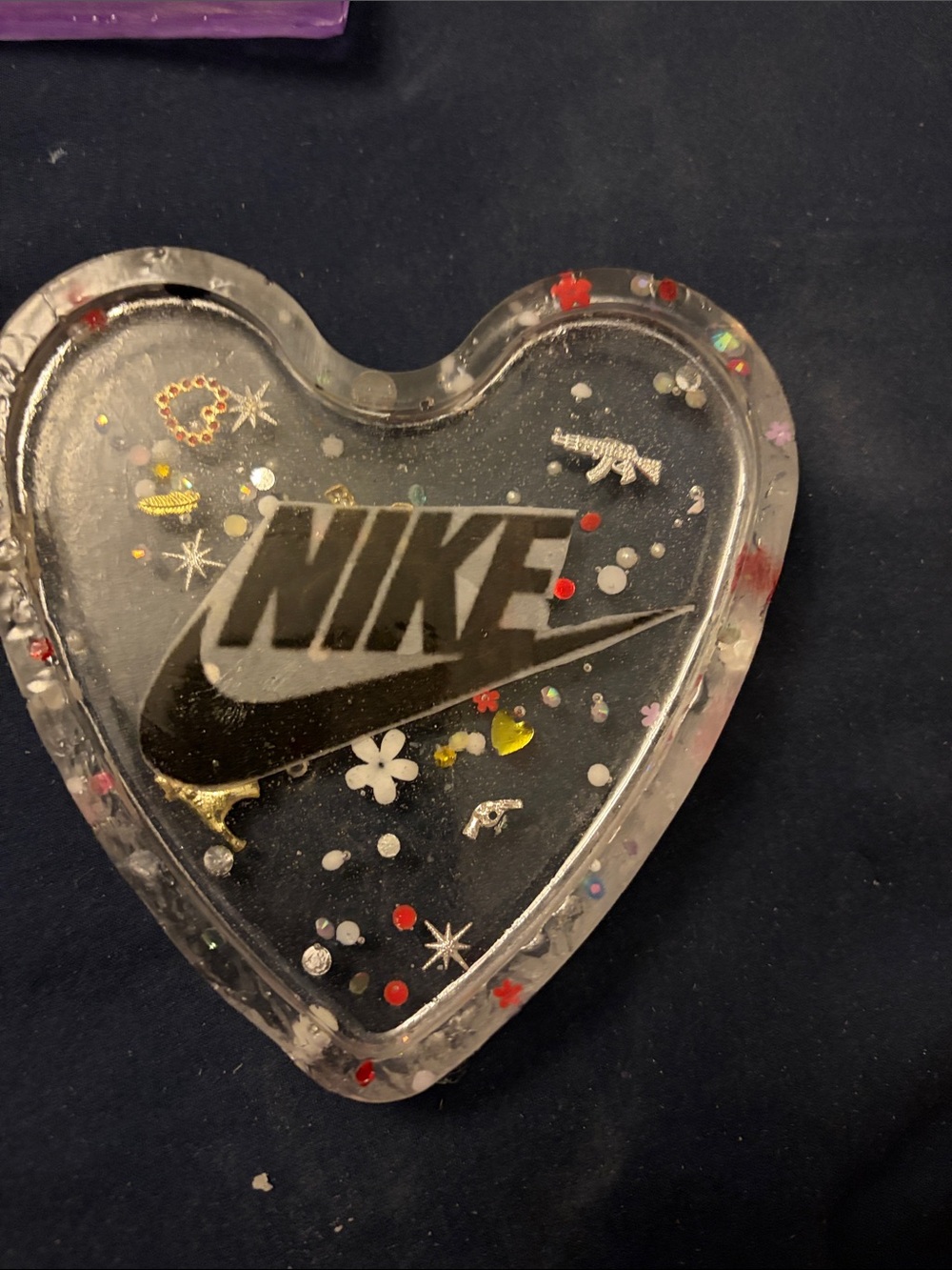 Clear Heart Trinket Dish with Black Logo and Multicolor Accents rolling tray